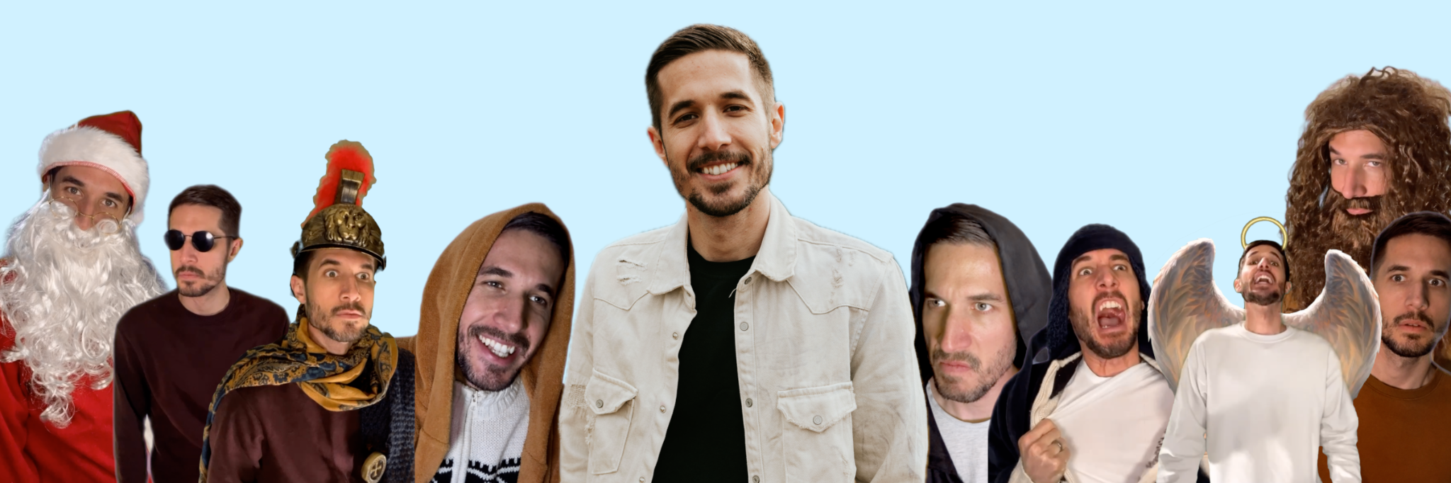 Gabriel Lopez surrounded by characters from God's Best Friend videos